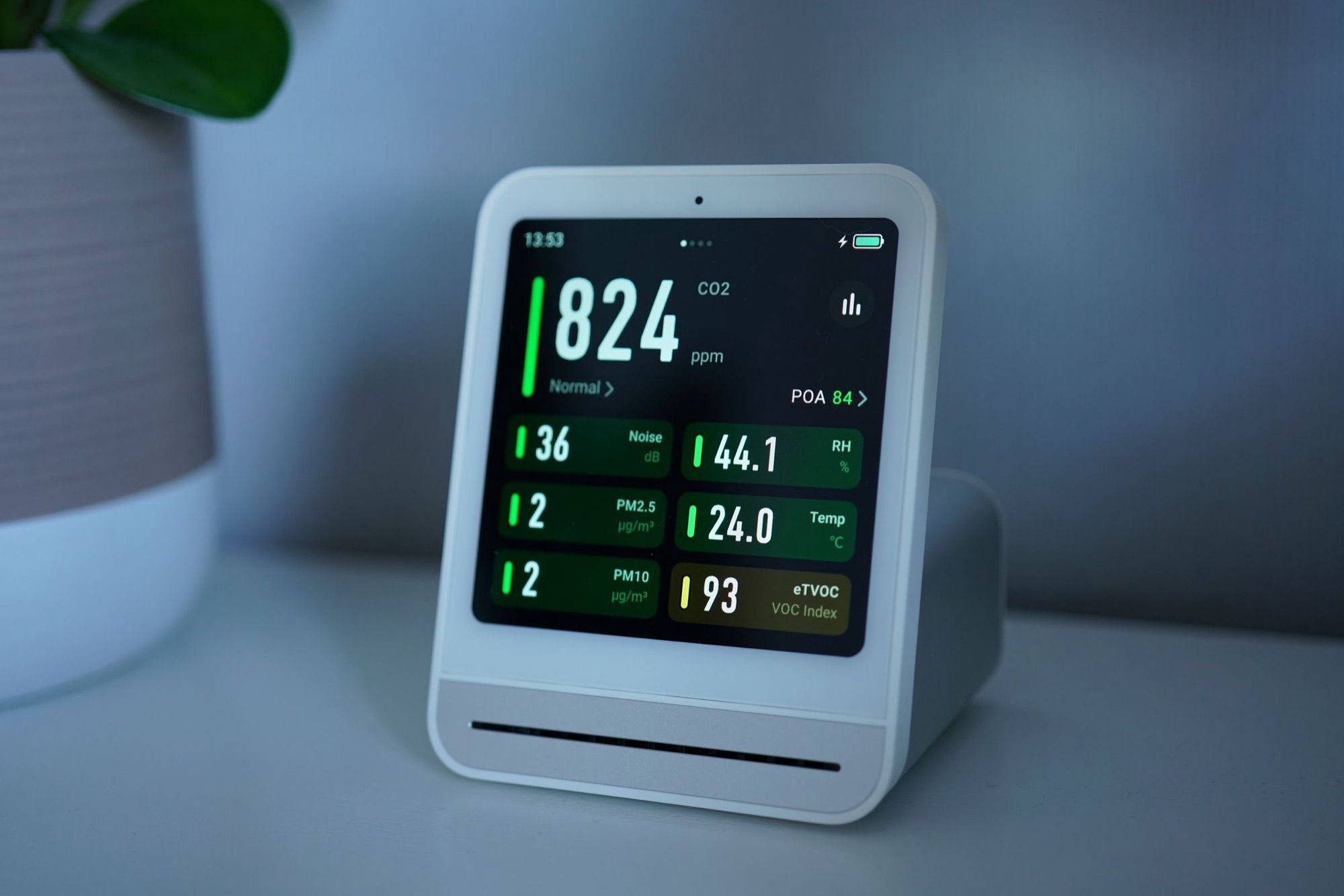 Air-quality monitor showing CO2, particles, humidity and temperature